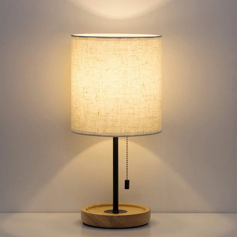 Bedside Table Lamp, Modern Nightstand Lamp with Linen Fabric Shade Wooden Desk Lamps for Bedrooms - Image 4