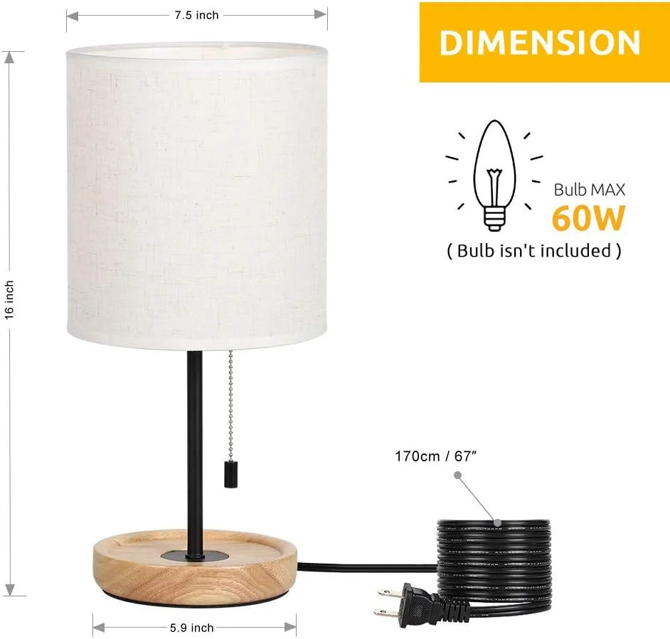 Bedside Table Lamp, Modern Nightstand Lamp with Linen Fabric Shade Wooden Desk Lamps for Bedrooms - Image 2