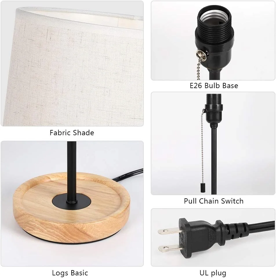 Bedside Table Lamp, Modern Nightstand Lamp with Linen Fabric Shade Wooden Desk Lamps for Bedrooms - Image 3