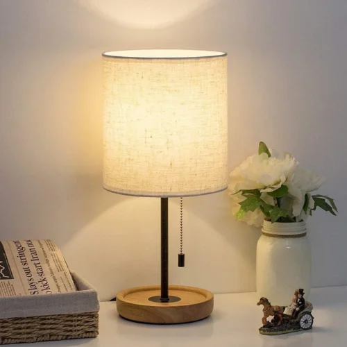 Bedside Table Lamp, Modern Nightstand Lamp with Linen Fabric Shade Wooden Desk Lamps for Bedrooms