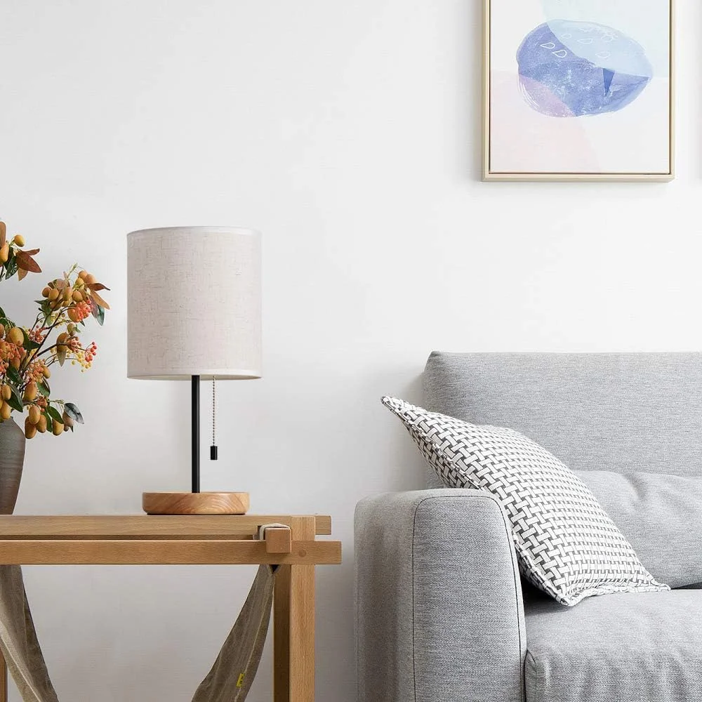 Bedside Table Lamp, Modern Nightstand Lamp with Linen Fabric Shade Wooden Desk Lamps for Bedrooms - Image 5