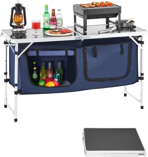 Camping Kitchen Station, 3 Adjustable Height Folding Outdoor Camp Cooking Table with Storage Organizer