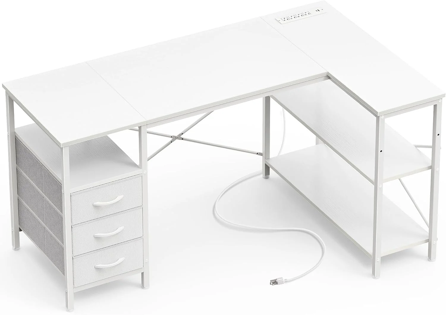 L Shaped Office Desk with Power Outlets, 47 Inch Computer Desk with 3 Drawers - Image 6