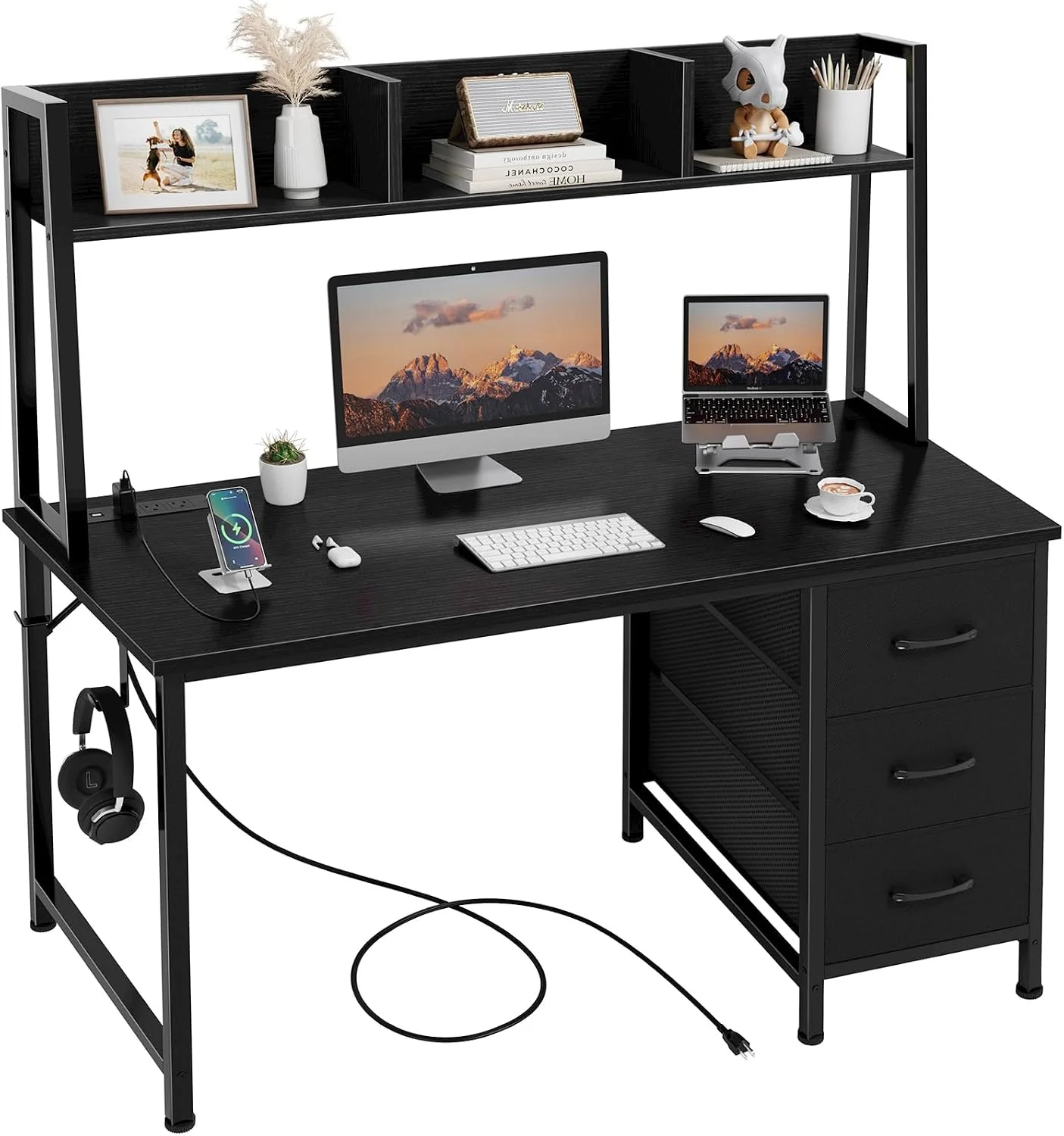 White Computer Desk with Hutch & Drawers, 47 Inch Modern Study Writing Office Desk with 3 Storage Drawers and - Image 2