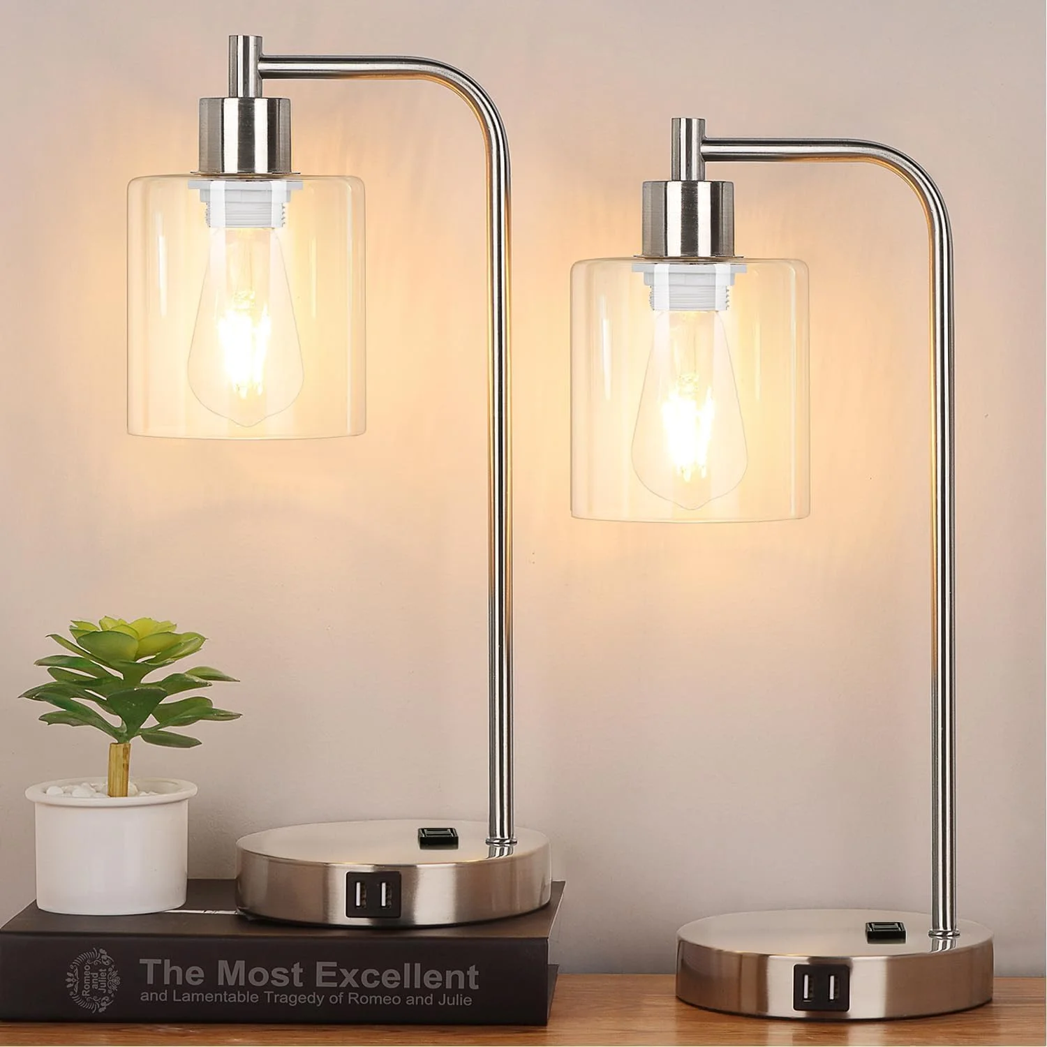 Industrial Touch Control Table Lamps with USB C+A Ports and AC Outlet, Dimmable, Bulb Included, 2-Piece Set - Image 2