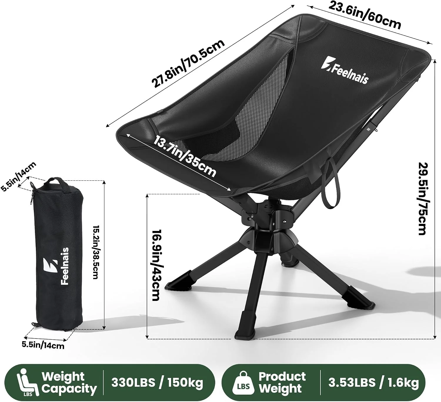 Portable Camping Chairs Compact, 360?? Swivel Folding Chair, Lightweight 3.5lbs, Metal Frame Holds up to 330lbs - Image 2