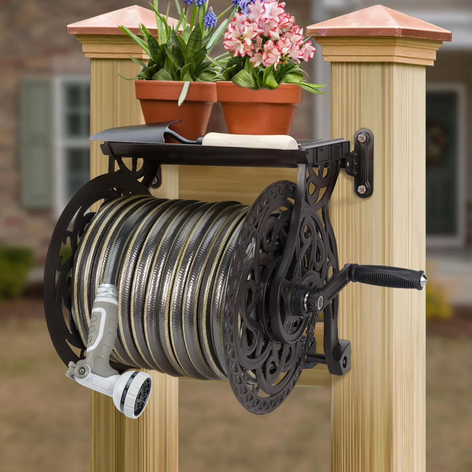 Wall Mount Garden Hose Reel for Outside, Holds 125 ft x 5/8'' Hose Storage, Decorative Heavy Duty Water Hose - Image 3