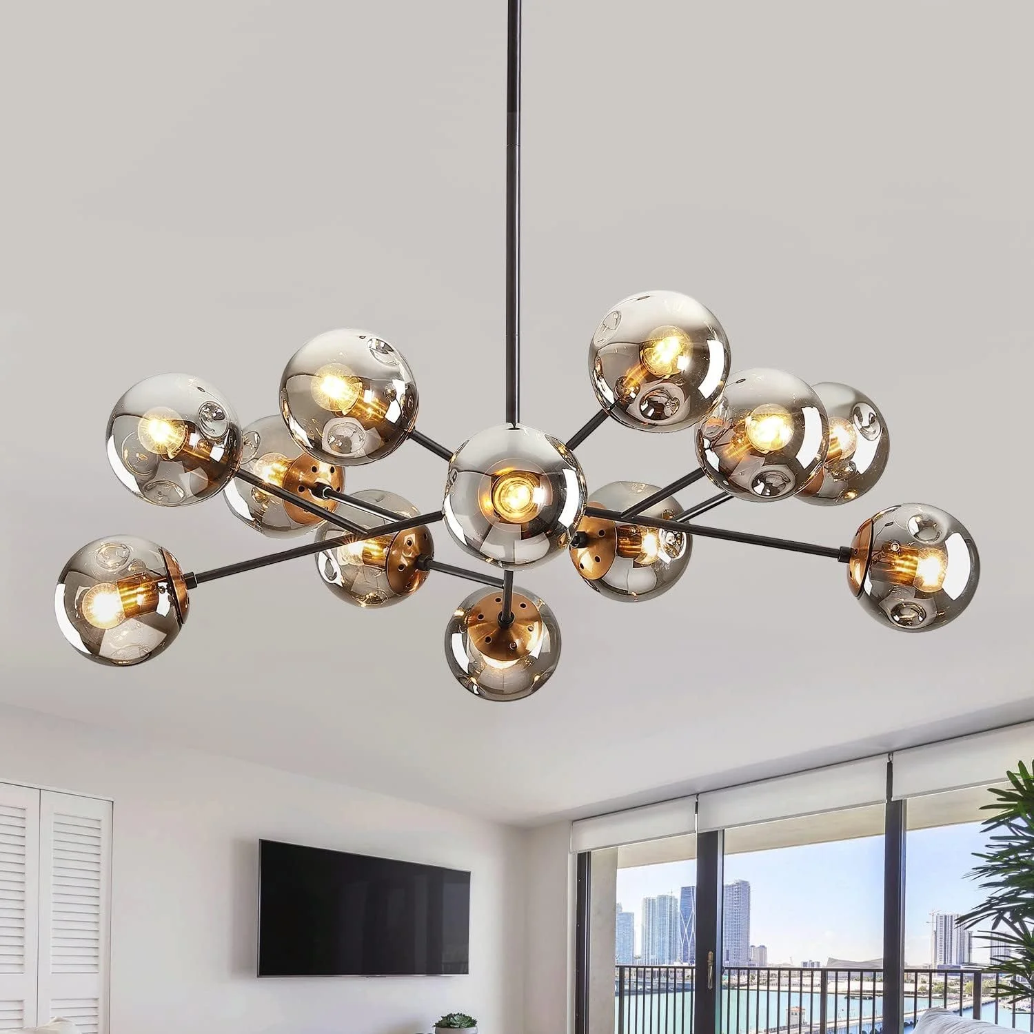 6-Light Glass Globe Sputnik Chandelier Modern Matte Black and Gold Ceiling Light Fixture Vintage Hanging - Image 6
