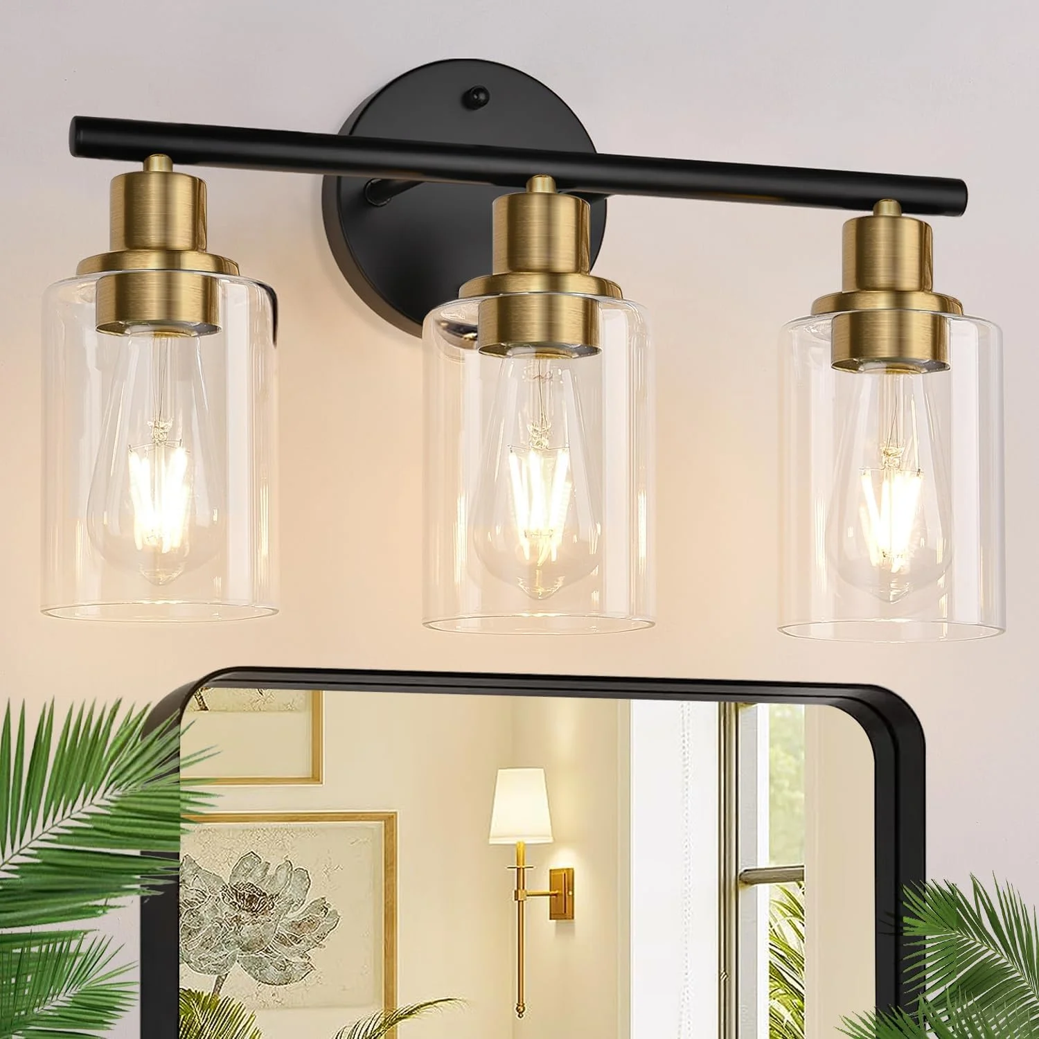 3-Light Bathroom Light Fixtures, 17.23 Black Modern Vanity Lights with Clear Glass Shade - Image 26