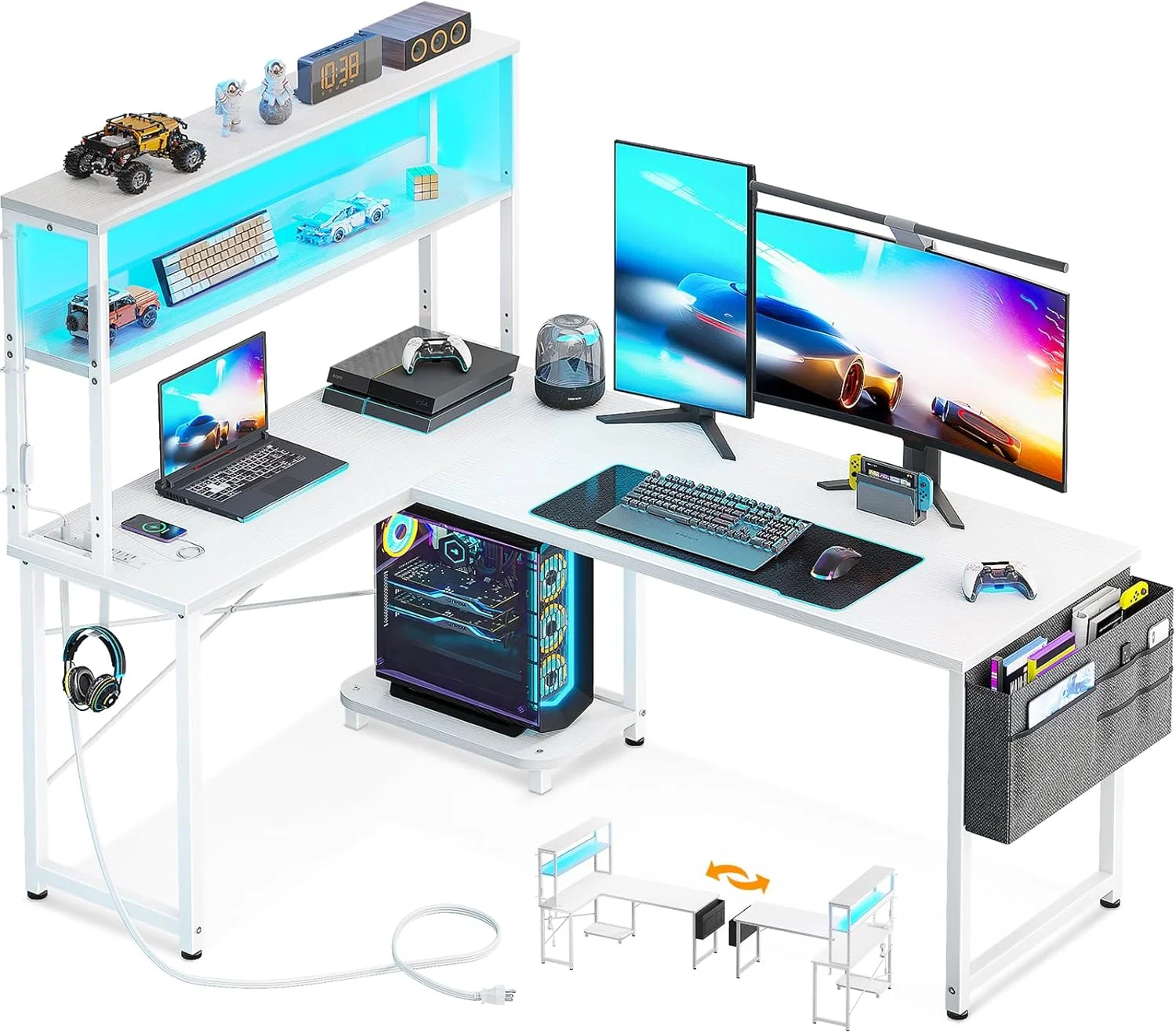 L Shaped Desk Gaming Desk with LED Light & Power Outlet, 53 Inch Black Reversible L Shaped Computer Table with - Image 5