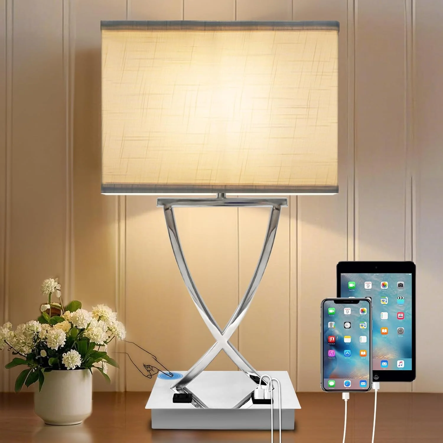 Fully Dimmable Medium Table Lamp for Bedroom with Type C/USB Charging Port and 1 AC Outlet White Shade 21.38 - Image 2