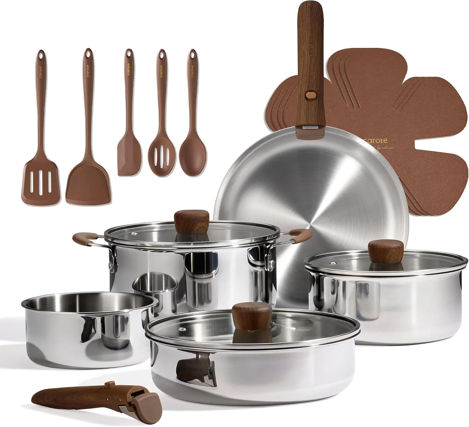 19pcs Stainless Steel Cookware Set with Detachable Handle, Pots and Pans Set