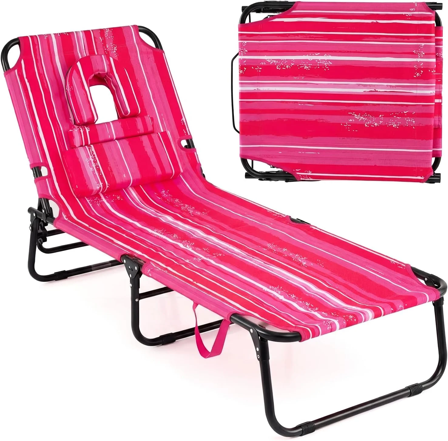Tanning Chair, 330lbs Beach Lounge Chair with Face Hole, Adjustable Folding Chaise Lounge, Lawn (1 - Image 7