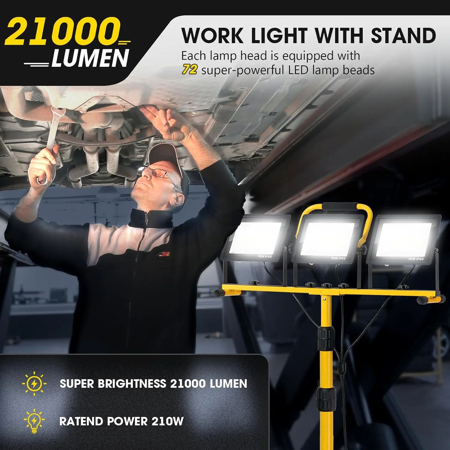 21000Lumen LED Work Lights with Stand, 3 Head Portable Work Light with 16FT Cord, IP66 Waterproof Tripod - Image 2