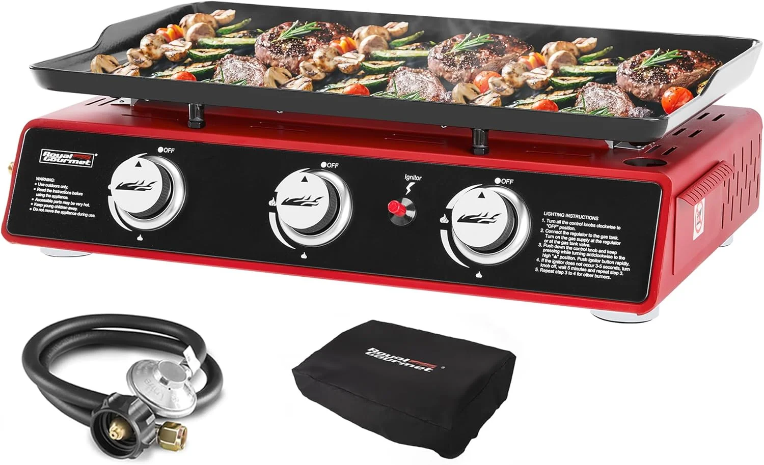 Gourmet PD1301S Portable 3-Burner Tabletop Gas Griddle, 25, 500 BTU Cooking Power, 304 Sq. In. Cooking Surface - Image 2