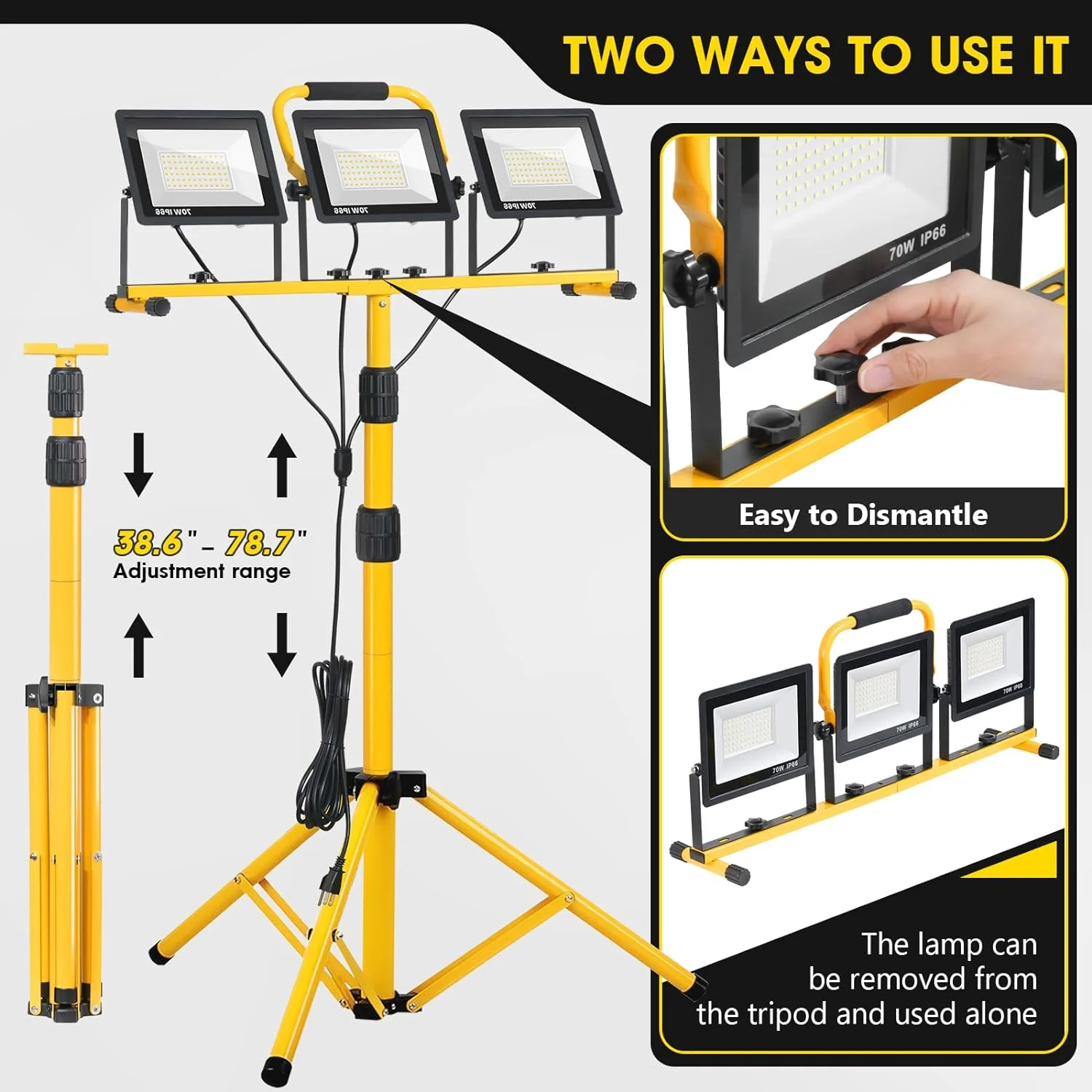 21000Lumen LED Work Lights with Stand, 3 Head Portable Work Light with 16FT Cord, IP66 Waterproof Tripod - Image 3