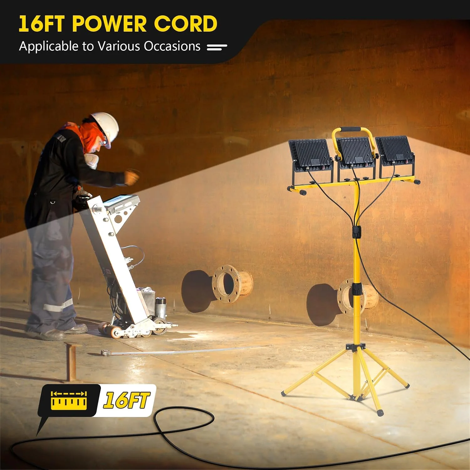 21000Lumen LED Work Lights with Stand, 3 Head Portable Work Light with 16FT Cord, IP66 Waterproof Tripod - Image 7