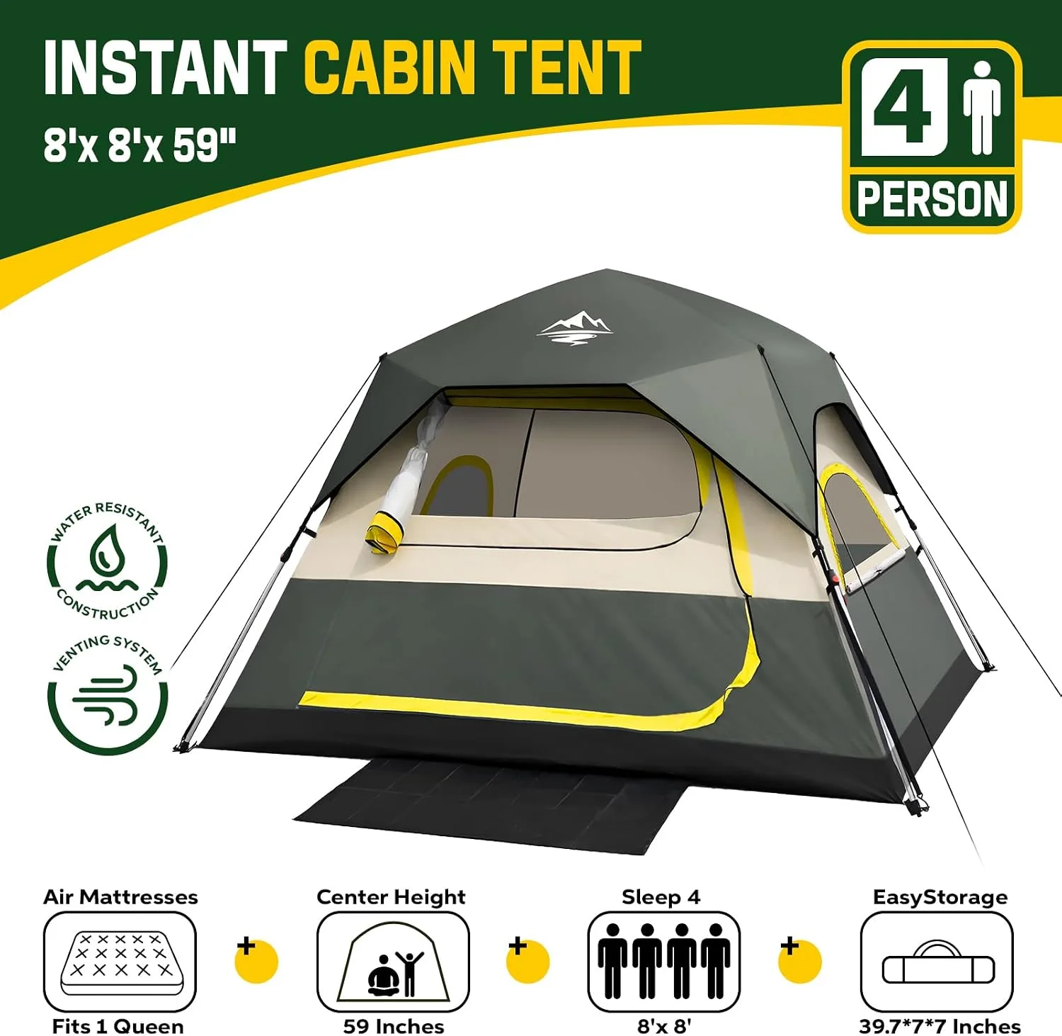 Person Instant Tents for Camping Setup in 50s, Cabin Tent with Rainfly, Waterproof Windproof Camping Tent - Image 7