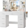 43 Large White Makeup Vanity Desk with Charging Station, Smart LED Mirror, 7 Drawers, 4 Shelves
