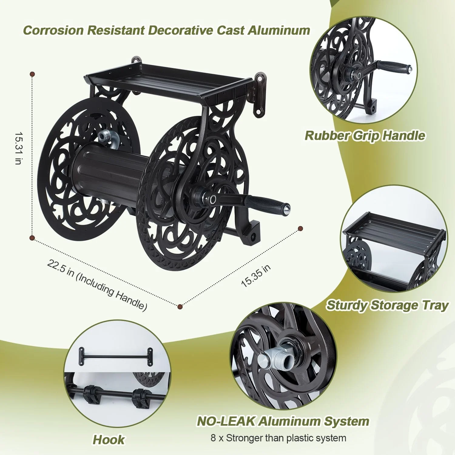 Wall Mount Garden Hose Reel for Outside, Holds 125 ft x 5/8'' Hose Storage, Decorative Heavy Duty Water Hose - Image 7