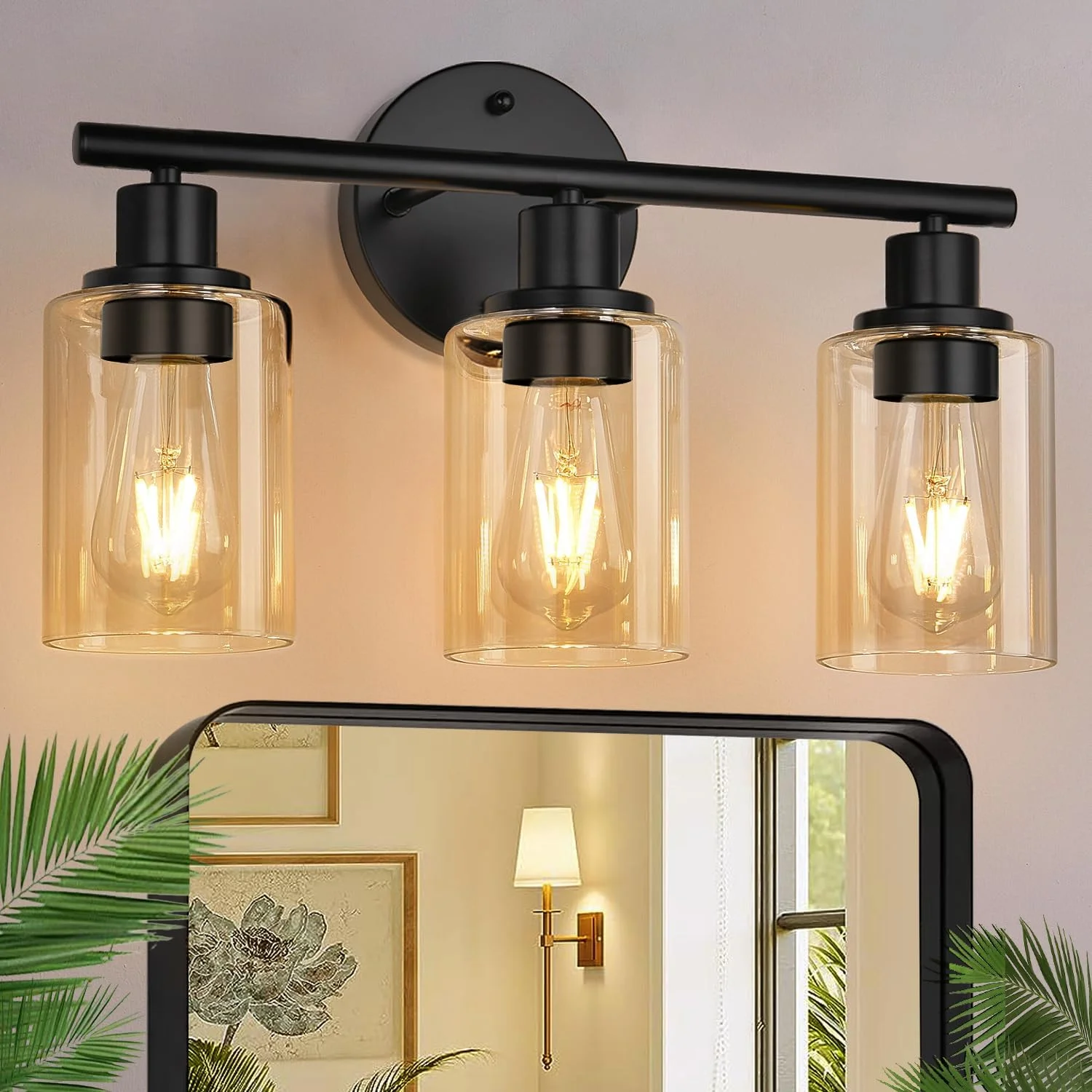 3-Light Bathroom Light Fixtures, 17.23 Black Modern Vanity Lights with Clear Glass Shade - Image 12