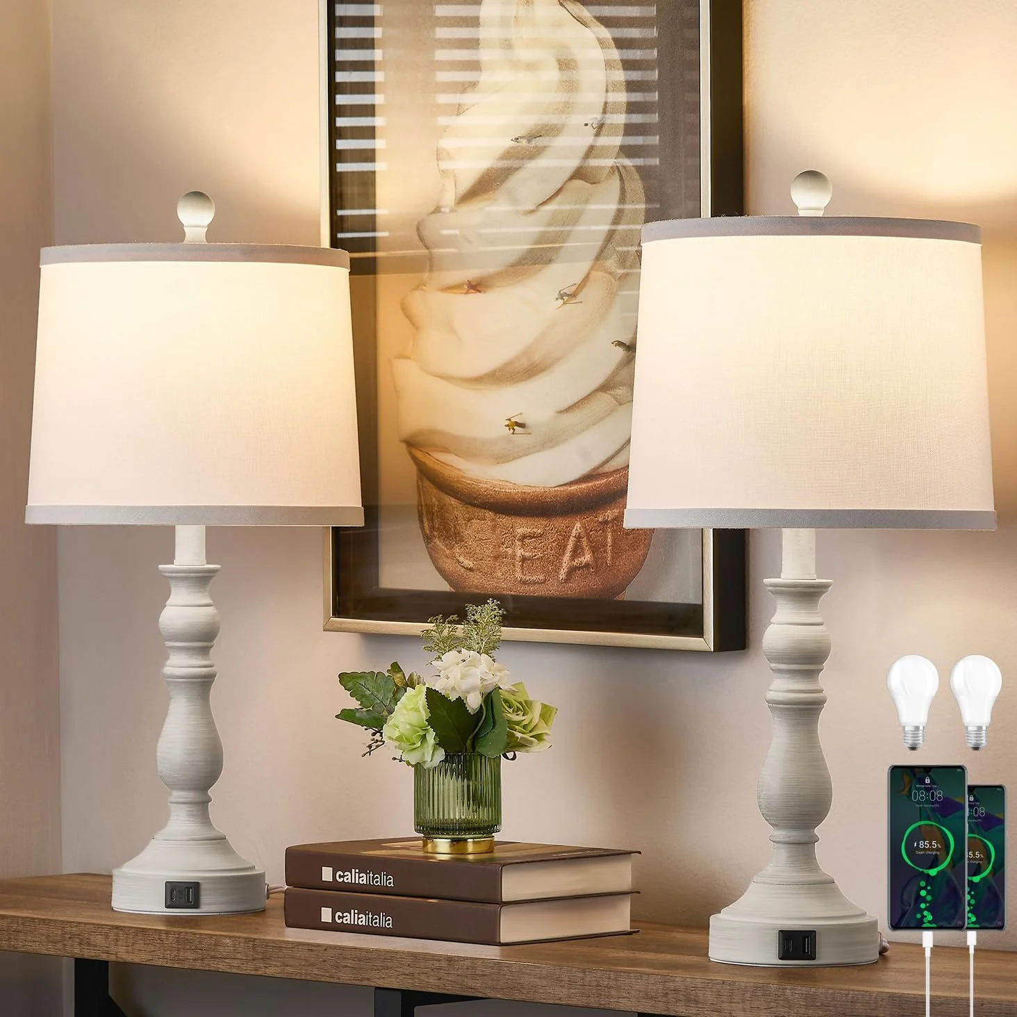 23'' Farmhouse Table Lamps for Living Room Set of 2 with USB C+A Ports, 3-Color Temperature, Bulb Included - Image 4