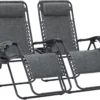 Zero Gravity Lounge Chairs Set of 2, Adjustable Steel Mesh Recliners with Pillows and Cup Holder Trays for Patio