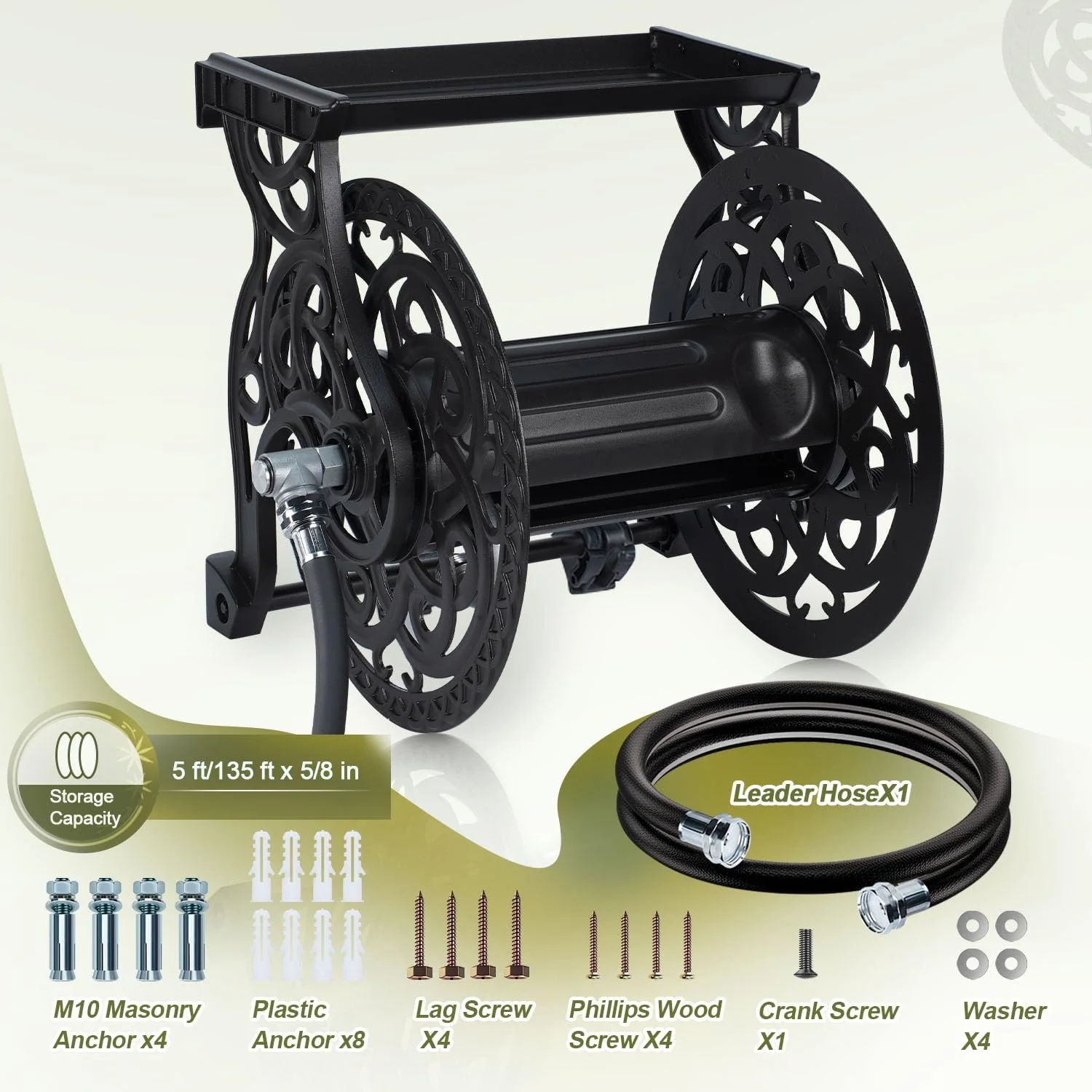 Wall Mount Garden Hose Reel for Outside, Holds 125 ft x 5/8'' Hose Storage, Decorative Heavy Duty Water Hose - Image 6