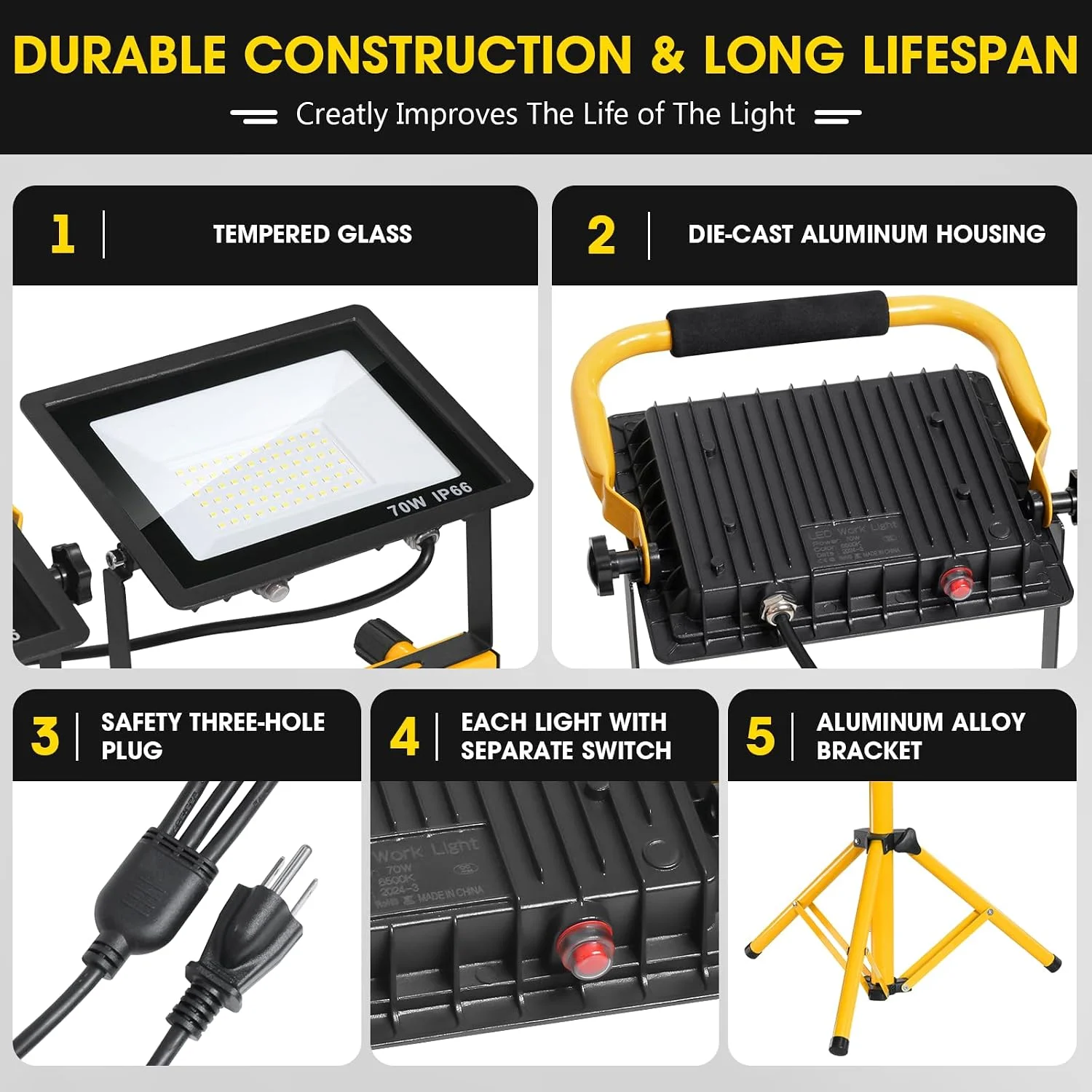21000Lumen LED Work Lights with Stand, 3 Head Portable Work Light with 16FT Cord, IP66 Waterproof Tripod - Image 4