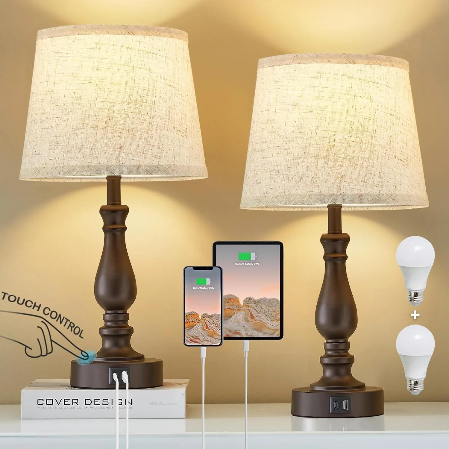 Lamps for Bedroom Set of 2, Dimmable, Bulb Included - Image 4