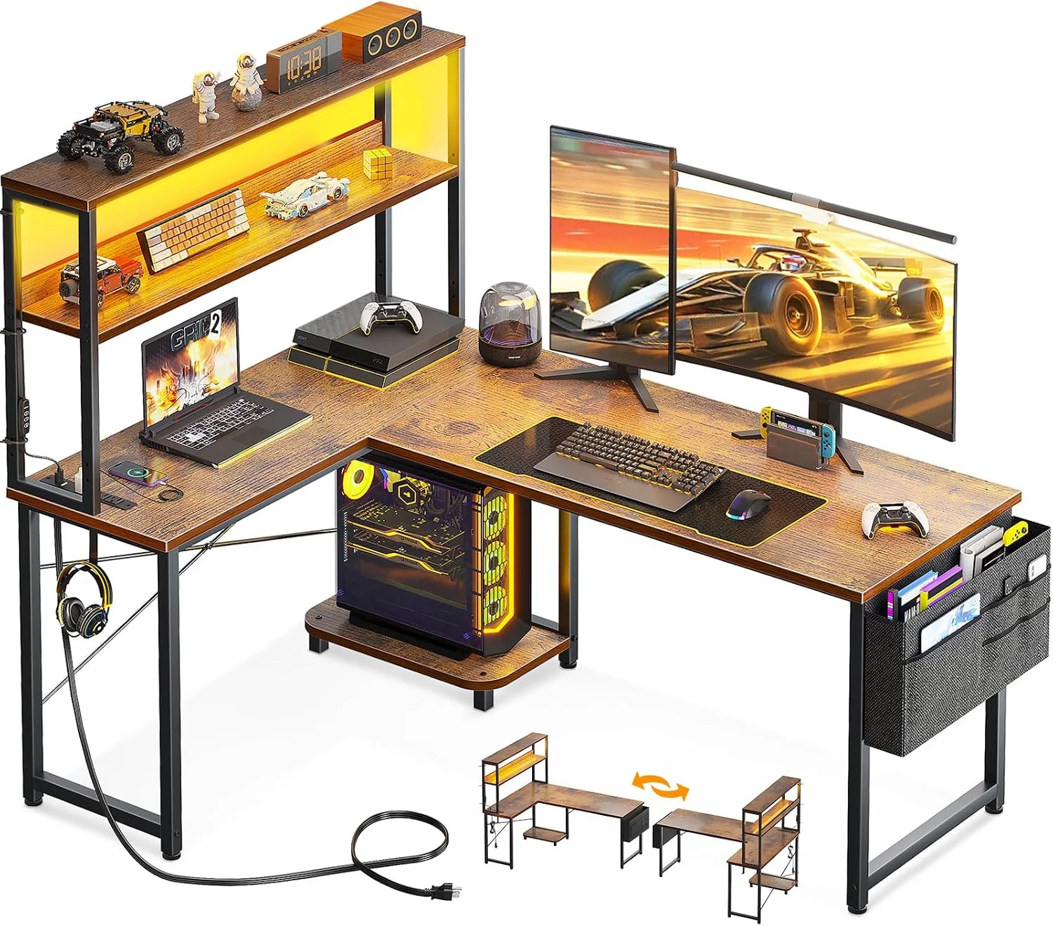 L Shaped Desk Gaming Desk with LED Light & Power Outlet, 53 Inch Black Reversible L Shaped Computer Table with - Image 7