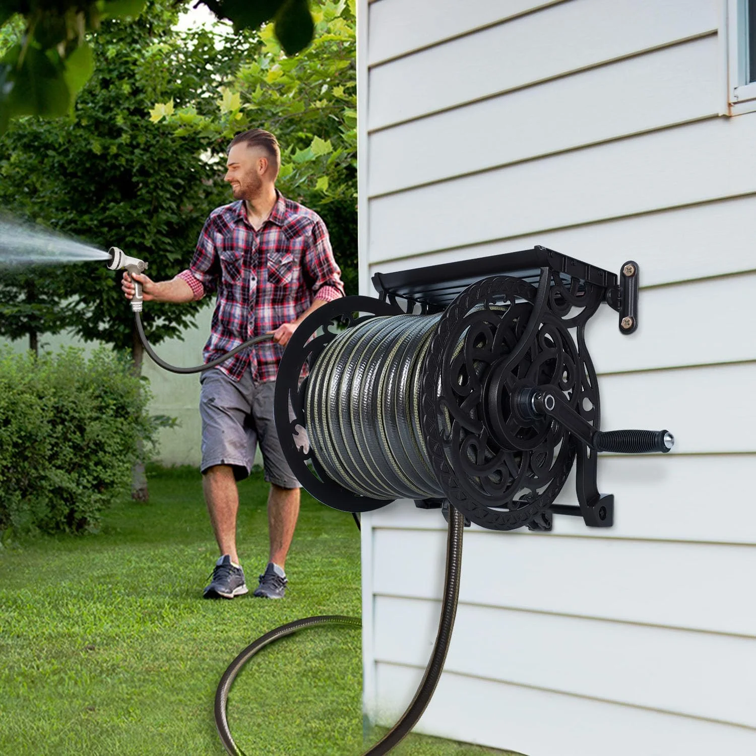 Wall Mount Garden Hose Reel for Outside, Holds 125 ft x 5/8'' Hose Storage, Decorative Heavy Duty Water Hose - Image 5