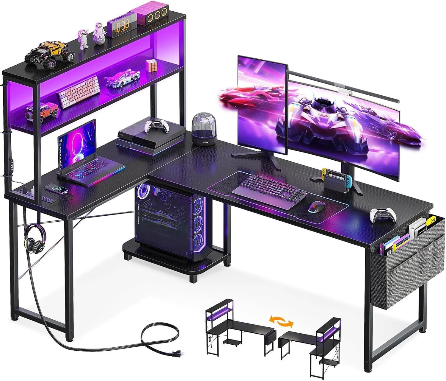 L Shaped Desk Gaming Desk with LED Light & Power Outlet, 53 Inch Black Reversible L Shaped Computer Table with - Image 4