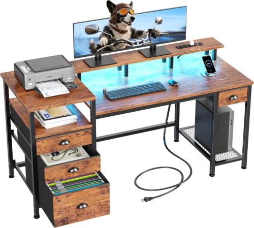 Alternative view of 60 Black Computer Desk with 4 Drawers and Printer Space, Gaming Desk with LED Lights and USB Power Outlets