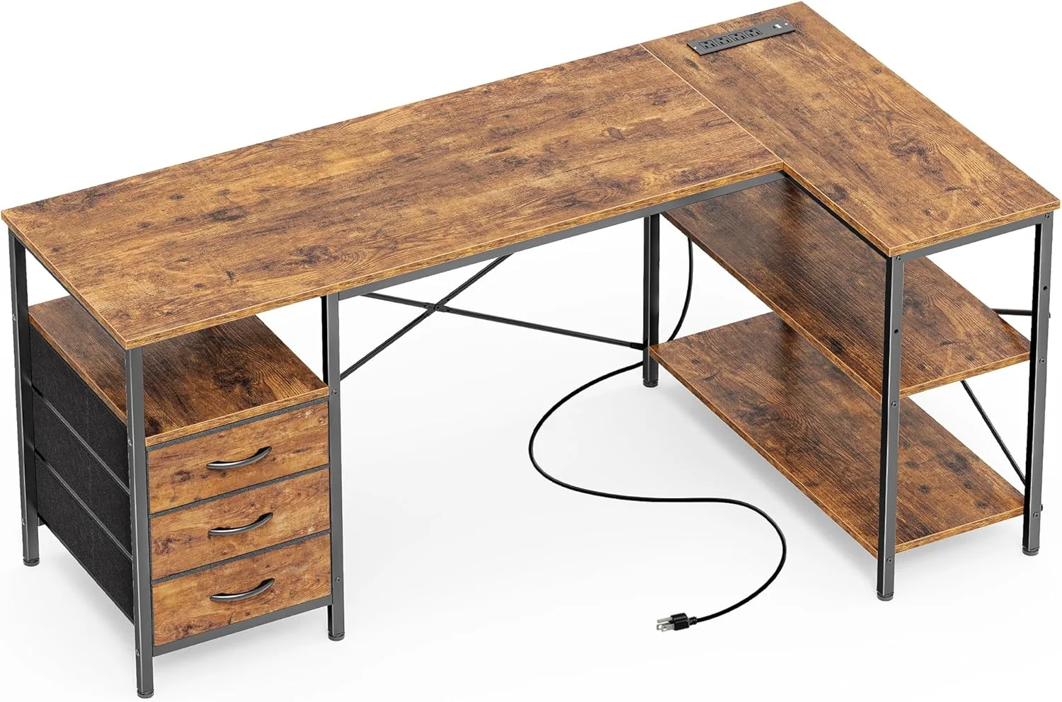 L Shaped Office Desk with Power Outlets, 47 Inch Computer Desk with 3 Drawers - Image 7