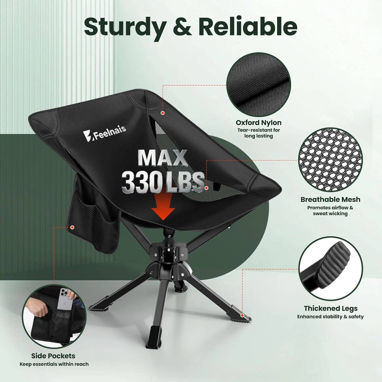 Portable Camping Chairs Compact, 360?? Swivel Folding Chair, Lightweight 3.5lbs, Metal Frame Holds up to 330lbs - Image 4