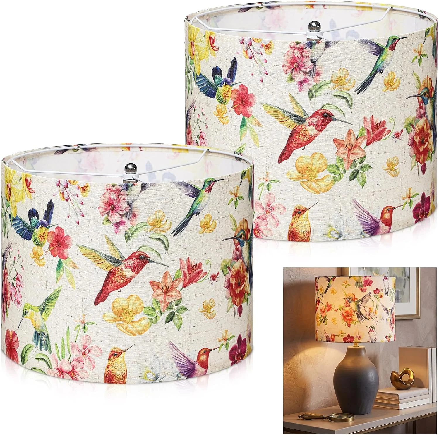 2 Pack Chinoiserie Drum Lamp Shade 13 x 13 x 10 Inch Cream Linen Lampshade with Exquisite Bird Floral Lining - Image 2