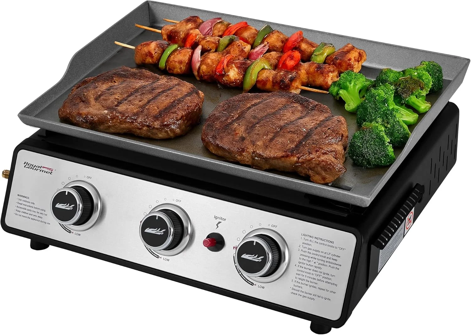 Gourmet PD1301S Portable 3-Burner Tabletop Gas Griddle, 25, 500 BTU Cooking Power, 304 Sq. In. Cooking Surface