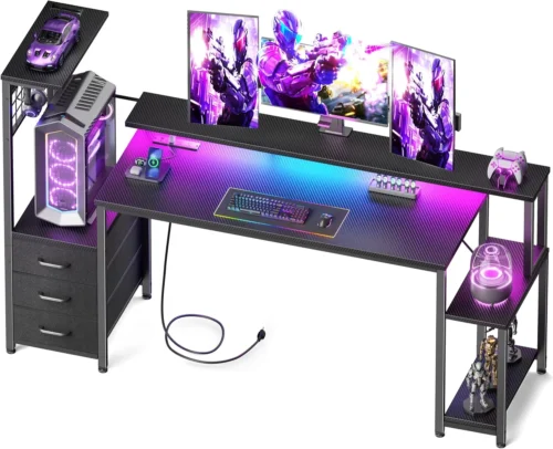 Alternative view of 48 Inch Gaming Desk with LED Lights & Power Outlets, Computer Desk with Fabric Drawers & Side Hook