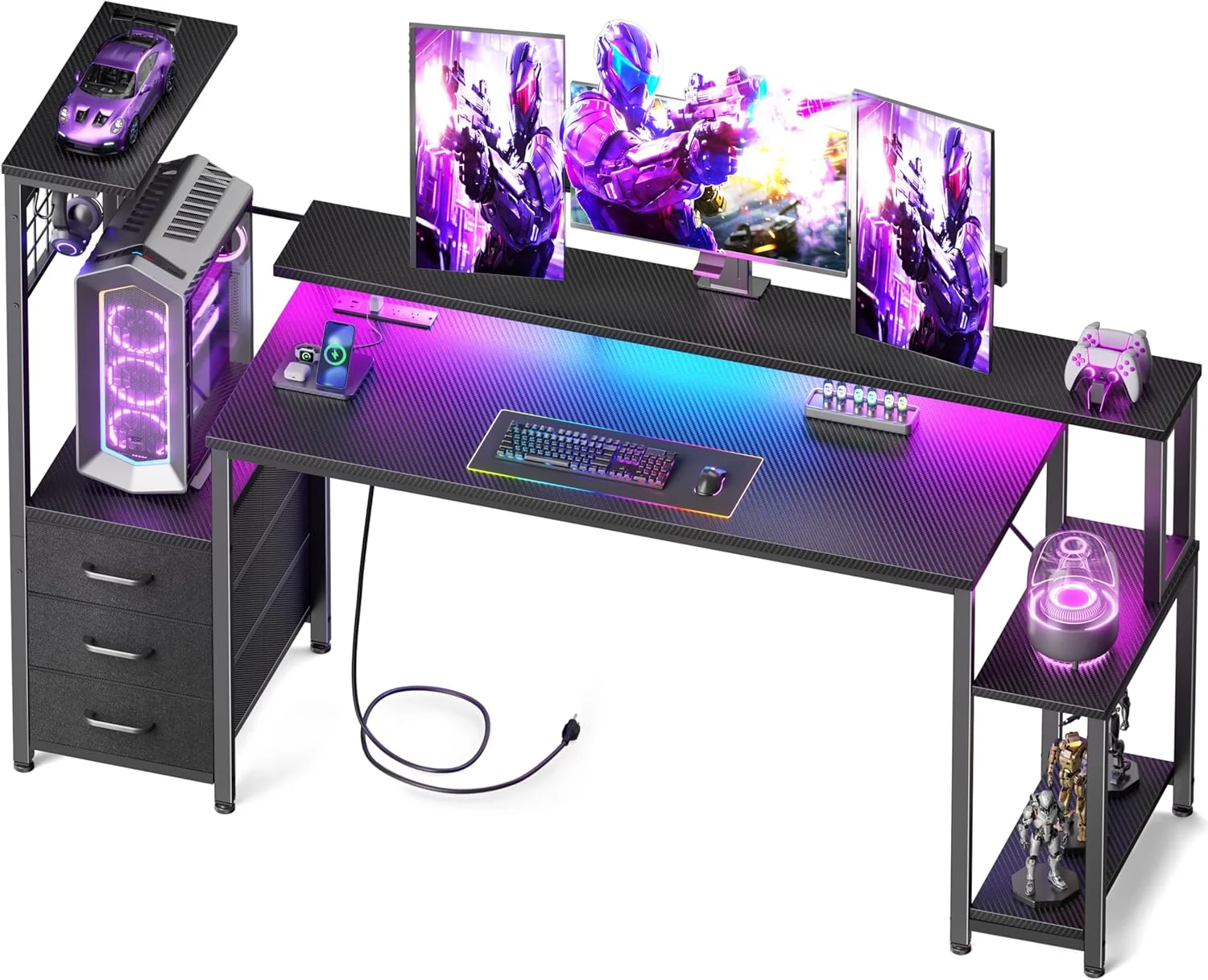 48 Inch Gaming Desk with LED Lights & Power Outlets, Computer Desk with Fabric Drawers & Side Hook - Image 2