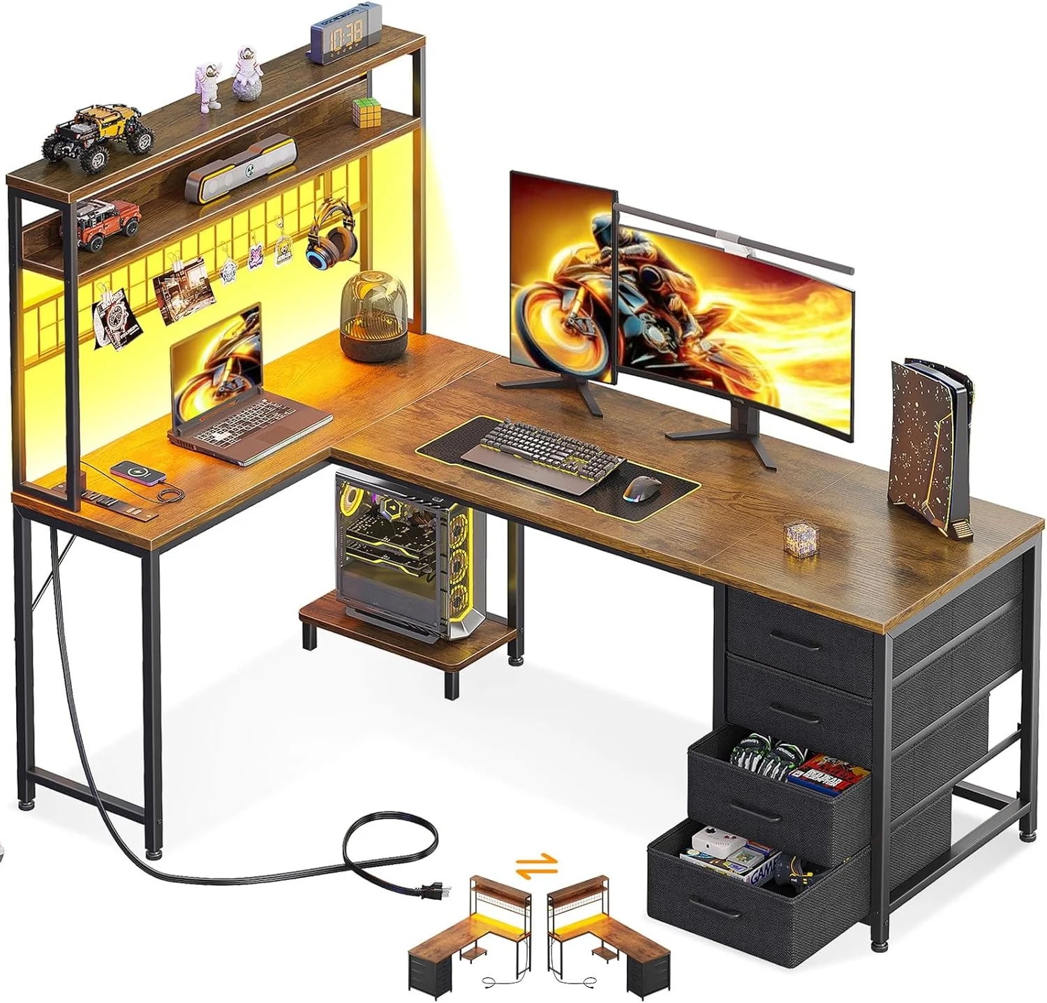 L Shaped Desk Gaming Desk with LED Light & Power Outlet, 53 Inch Black Reversible L Shaped Computer Table with - Image 8