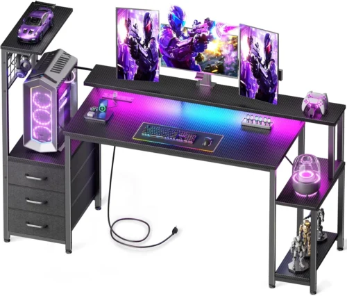 48 Inch Gaming Desk with LED Lights & Power Outlets, Computer Desk with Fabric Drawers & Side Hook