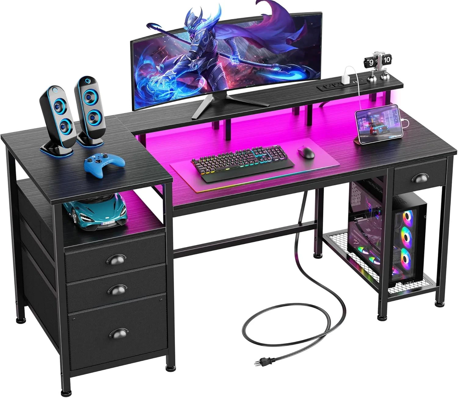 60 Black Computer Desk with 4 Drawers and Printer Space, Gaming Desk with LED Lights and USB Power Outlets