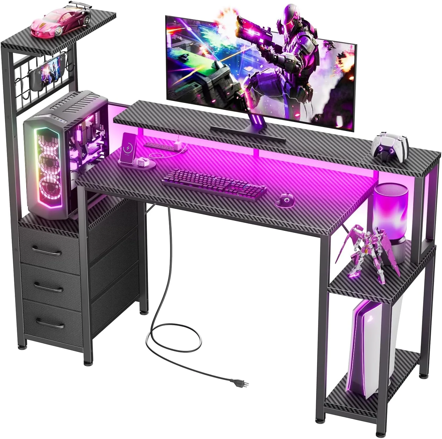 48 Inch Gaming Desk with LED Lights & Power Outlets, Computer Desk with Fabric Drawers & Side Hook - Image 3