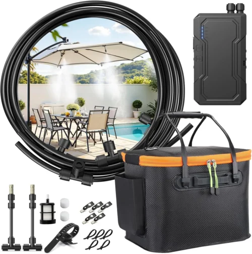 Portable Misting System for Outside Patio, Outdoor Water Cooling Mister with Battery Powered Pump (Max 8Hrs)