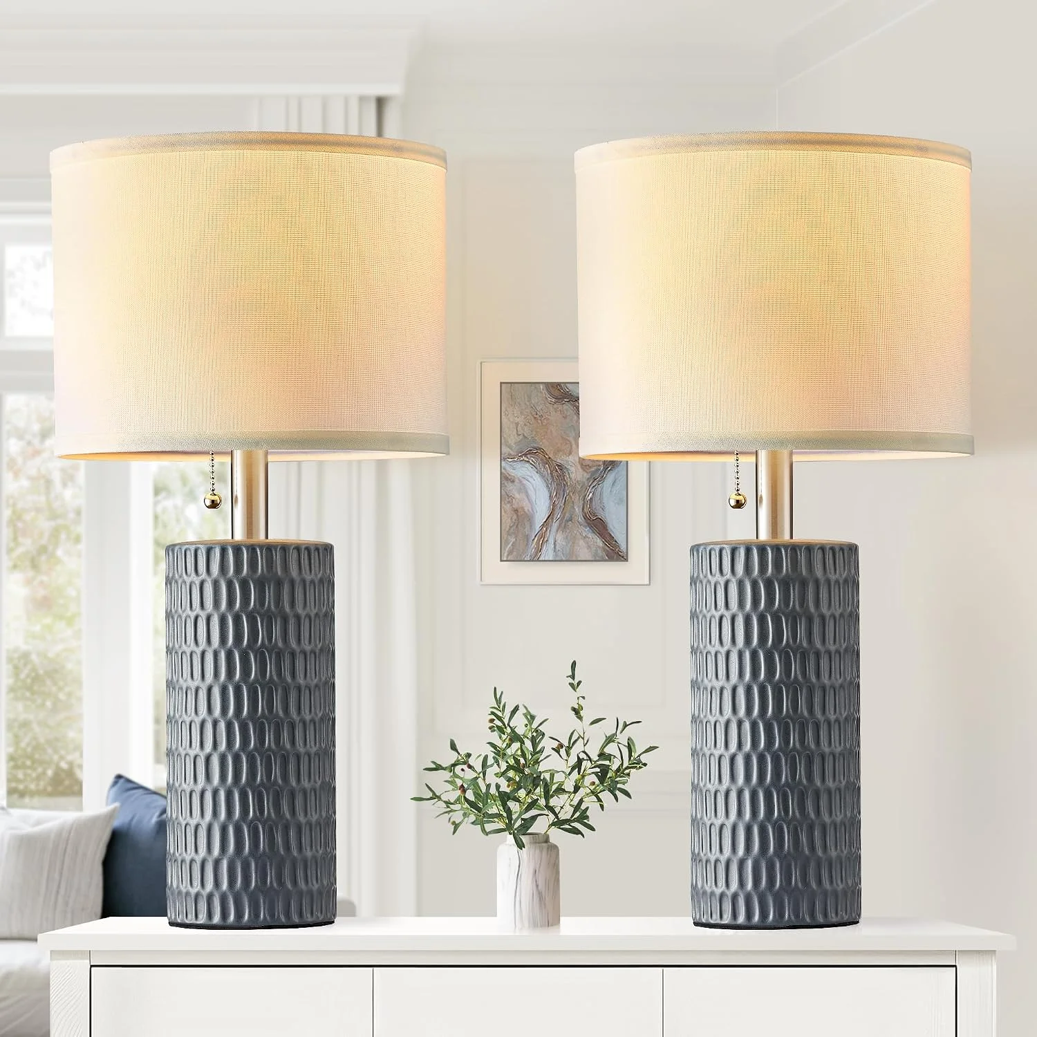 20.5 Modern Ceramic Table Lamps for Bedroom Set of 2, Farmhouse Table Lamp for Living Room Office Dorm - Image 2