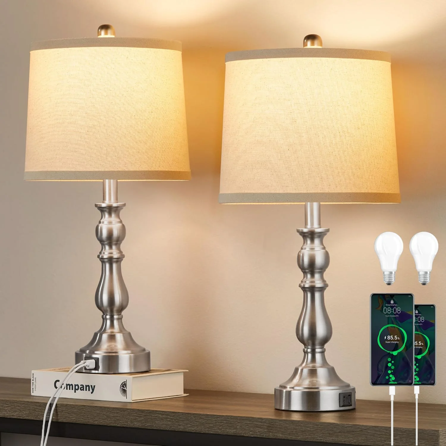 23'' Farmhouse Table Lamps for Living Room Set of 2 with USB C+A Ports, 3-Color Temperature, Bulb Included - Image 3