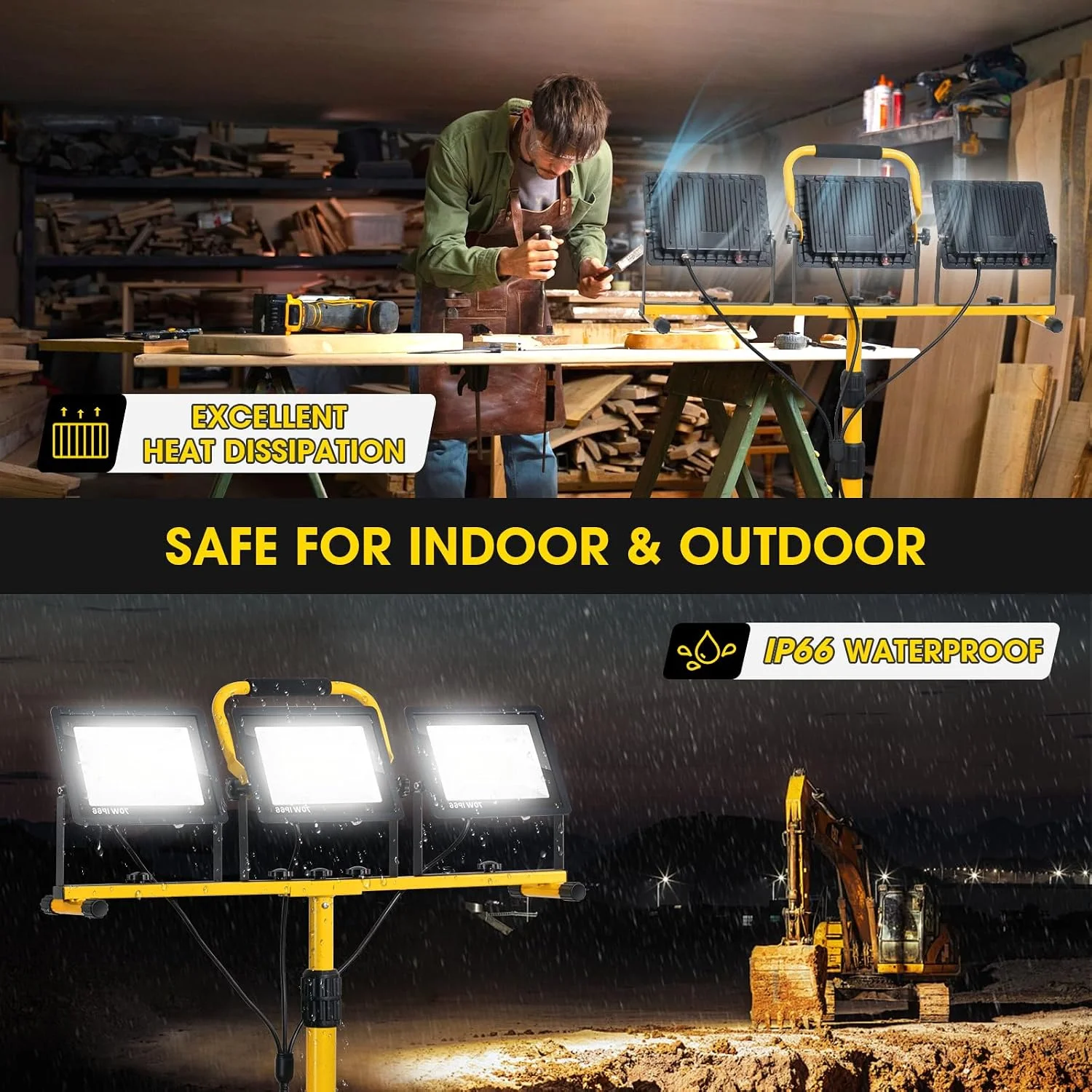 21000Lumen LED Work Lights with Stand, 3 Head Portable Work Light with 16FT Cord, IP66 Waterproof Tripod - Image 6