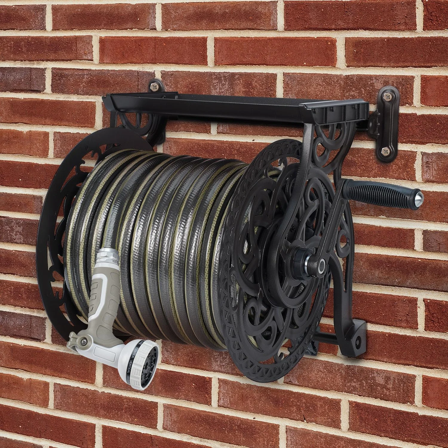 Wall Mount Garden Hose Reel for Outside, Holds 125 ft x 5/8'' Hose Storage, Decorative Heavy Duty Water Hose - Image 4
