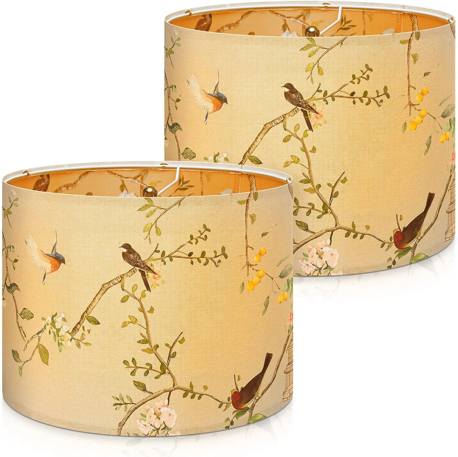 2 Pack Chinoiserie Drum Lamp Shade 13 x 13 x 10 Inch Cream Linen Lampshade with Exquisite Bird Floral Lining - Image 3